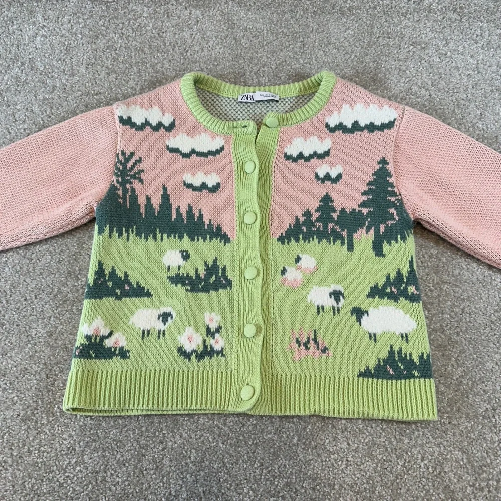 Zara Sheep Landscape Knit Cardigan Pink Green Pastoral Cottagecore Sweater Small - Picture 3 of 8